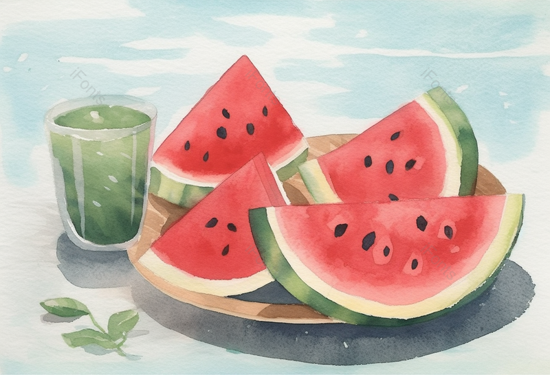 夏日沙滩前冰凉的西瓜与果汁放在桌面上创意插画设计素材,插画/手绘图,插画/手绘图库,插画/手绘图下载,插画/手绘